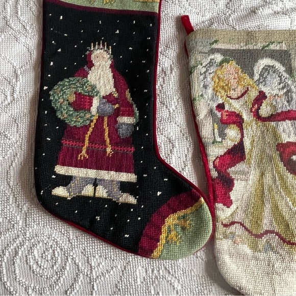 Set of 3 Vintage Needlepoint Velvet Christmas Stockings Santa and Angel Wool - Picture 4 of 8